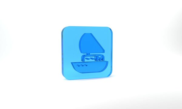Blue Yacht sailboat or sailing ship icon isolated on grey background. Sail boat marine cruise travel. Glass square button. 3d illustration 3D render