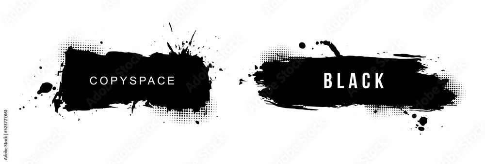 Poster Abstract ink strokes for text copy space and poster title templates. lower third design elements of brush stroke and splashes of ink with dot halftone pattern ornaments.