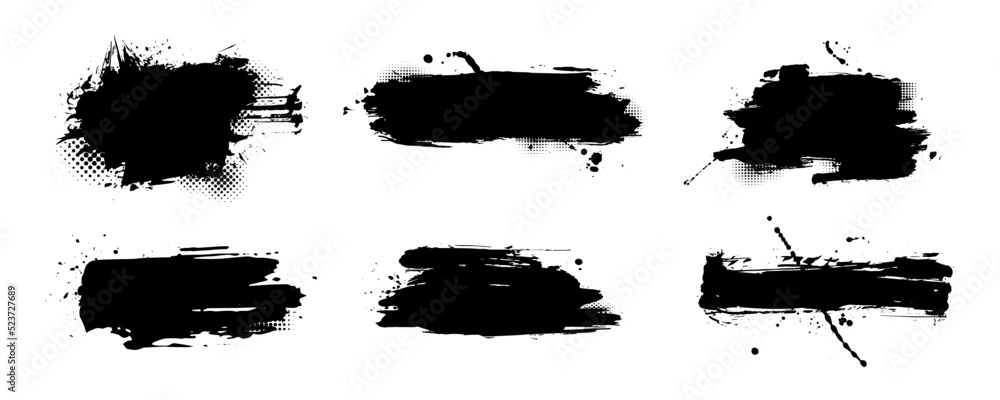 Aufkleber Abstract ink strokes for text copy space and poster title templates. lower third design elements of brush stroke and splashes of ink with dot halftone pattern ornaments.