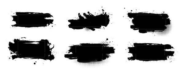 Abstract ink strokes for text copy space and poster title templates. lower third design elements of brush stroke and splashes of ink with dot halftone pattern ornaments.