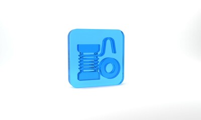 Blue Spinning reel for fishing icon isolated on grey background. Fishing coil. Fishing tackle. Glass square button. 3d illustration 3D render