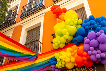 Balloons decorated with the lgbt flag in the streets at the pride party in madrid - obrazy, fototapety, plakaty