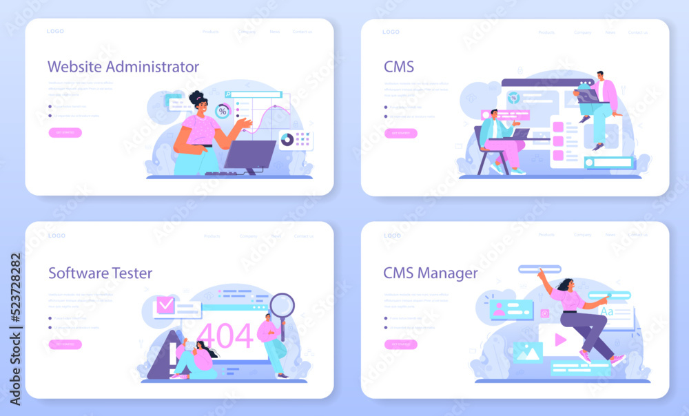 Sticker web administrator web banner or landing page set. content management