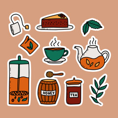 Tea drinking theme doodles vector isolated illustration stickers.