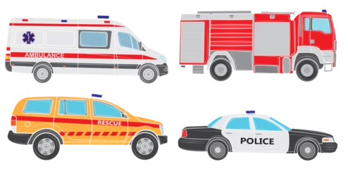 Fototapeten Set of Vehicles of various emergency services vehicle vector illustration. Police, ambulance, fire brigade, rescuers isolated on white background © Inna
