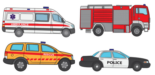 Set of Vehicles of various emergency services vehicle vector illustration. Police, ambulance, fire brigade, rescuers isolated on white background