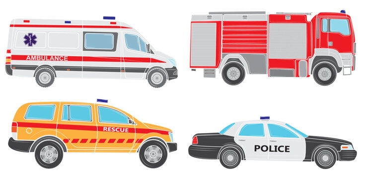 Set of Vehicles of various emergency services vehicle vector illustration. Police, ambulance, fire brigade, rescuers isolated on white background