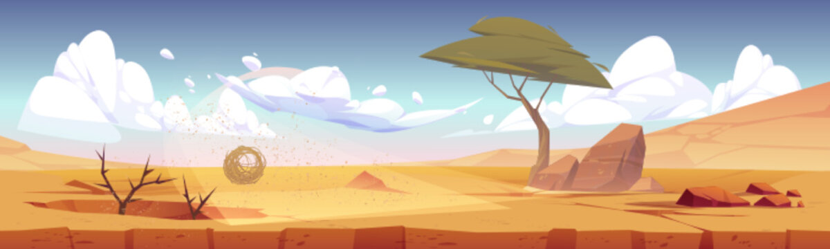 African desert landscape, africa natural panoramic background for game with tumbleweed rolling along hot dry deserted nature with yellow sand and rocks under blue sky with clouds, Cartoon illustration