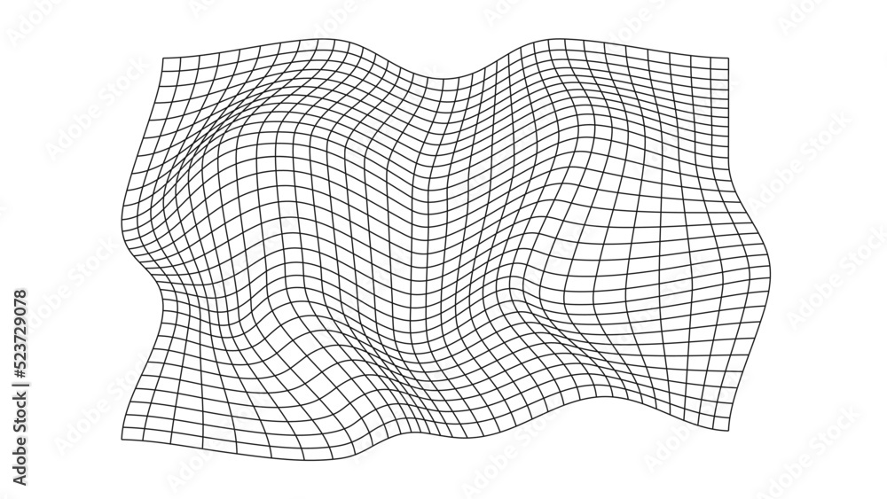 Poster futuristic wavy grid in the style of retrofuturism. geometric dynamic wave. 3d technology wireframe.