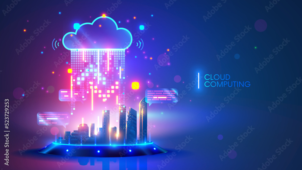 Leinwandbilder Cloud computing concept. Smart city wireless internet communication with cloud storage, cloud services. Download, upload data on server. Digital cloud over virtual Smart City on podium. Technology IOT