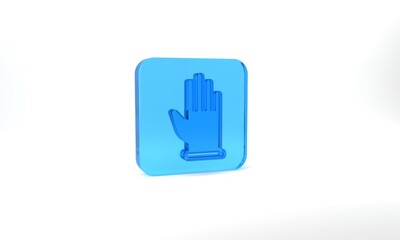 Obraz premium Blue Rubber gloves icon isolated on grey background. Latex hand protection sign. Housework cleaning equipment symbol. Glass square button. 3d illustration 3D render