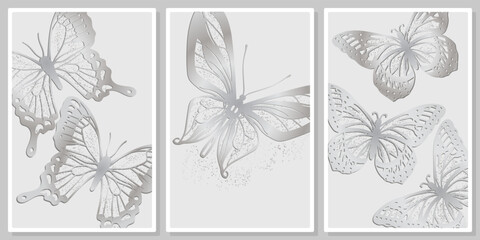 Openwork silver butterflies on a light gray background wall art vector set, for wall art, poster, wallpaper, print - obrazy, fototapety, plakaty
