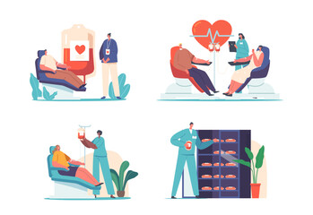 Set Blood Donation, World Donor Day, Health Care Concept. Volunteers Characters Sitting in Chairs Donate Lifeblood