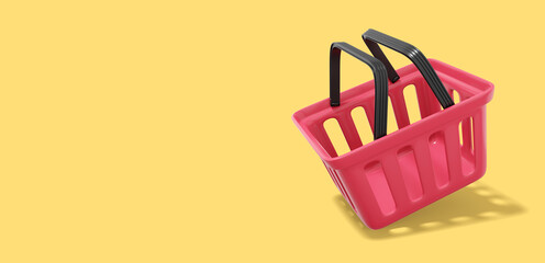 Red plastic flying basket on yellow background with space for text. Empty shopping cart. 3D rendering.