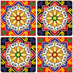 Mexican inspired vector tiles seamless pattern - talavera repetitive background with flowers, perfect for wallpaper or texile, fabric print
