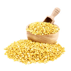 peeled split mung bean in wooden scoop isolated on white background.Ingredients for cooking Healthy and Natural Food concept