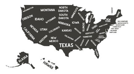 Fototapeta na wymiar USA map. United States of America with script text state names. American map for poster, banner, t-shirt, tee. Design USA typography states names. Vector silhouette state of America. Map of USA.