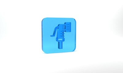 Blue Garden hose icon isolated on grey background. Spray gun icon. Watering equipment. Glass square button. 3d illustration 3D render