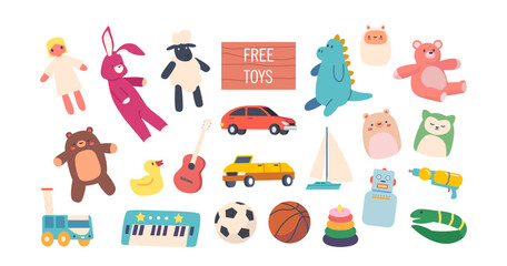 Fototapeta na wymiar Set of Free Toys, Donation Playthings Doll, Sheep, Rabbit and Dinosaur, Teddy Bear, Rubber Duck, Car and Piano or Balls
