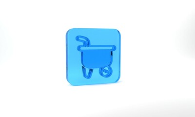 Blue Wheelbarrow icon isolated on grey background. Tool equipment. Agriculture cart wheel farm. Glass square button. 3d illustration 3D render