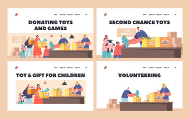 Donate Toys Landing Page Template Set. Family with Kids Bringing Toys to Charity for Supporting Orphans