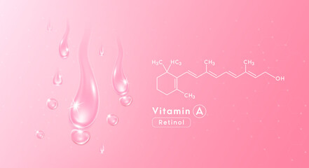 Drop water vitamin A pink and structure. Collagen oil solution. Serum vitamin complex. Beauty treatment nutrition skin care design. Medical and scientific concepts. 3D Realistic Vector EPS10.