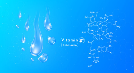 Drop water vitamin B12 blue and structure. Collagen oil solution. Serum vitamin complex. Beauty treatment nutrition skin care design. Medical and scientific concepts. 3D Realistic Vector EPS10.