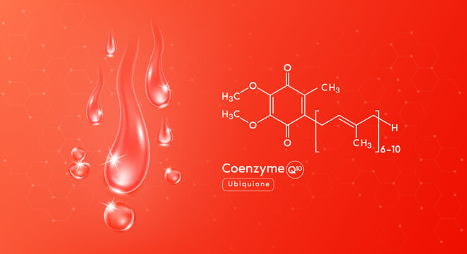 Drop water vitamin coenzyme Q10  red and structure. Collagen oil solution. Serum vitamin complex. Beauty treatment nutrition skin care design. Medical and scientific concepts. 3D Realistic Vector.