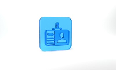 Blue Identification badge icon isolated on grey background. It can be used for presentation, identity of the company, advertising. Glass square button. 3d illustration 3D render