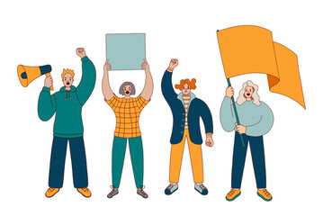 Different people with placard, loudspeaker, flag, supporting the protests. Flat design colorful illustration isolated on white.