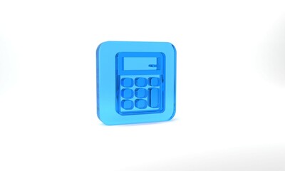 Blue Calculator icon isolated on grey background. Accounting symbol. Business calculations mathematics education and finance. Glass square button. 3d illustration 3D render