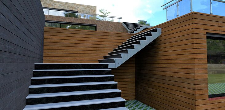 Stairwell design. Concrete steps. Wall decoration facade board. Glass terrace railing. Metal mount. 3d render.