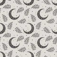 Black and white boho seamless pattern with crescent, stars and fern. Bohemian modern background. Celestial wrapping paper. © Любовь Овсянникова