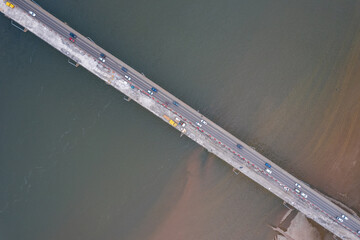 Work to modernization and repair of highway damage of bridge, aerial top view