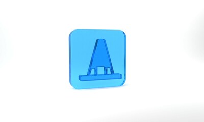 Blue Witch hat icon isolated on grey background. Happy Halloween party. Glass square button. 3d illustration 3D render