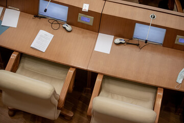 Conference room or seminar meeting room in business event. Session of Government. Academic...