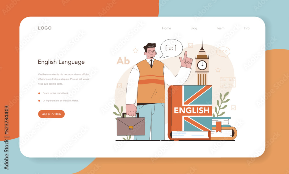 Poster english class web banner or landing page. study foreign languages