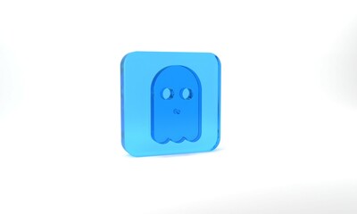 Blue Ghost icon isolated on grey background. Happy Halloween party. Glass square button. 3d illustration 3D render