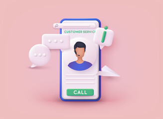 Call center, online customer support. Contact Us Customer Service For Personal Assistant Service, Person Advisor and Social Media Network. 3D Web Vector Illustrations.