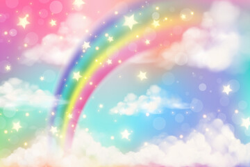Abstract rainbow background with clouds and stars on sky. Fantasy pastel color unicorn wallpaper. Cute landscape. Vector illustration. © Chorna_L