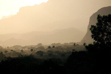 Golden sunset in the Viñales valley of Cubia