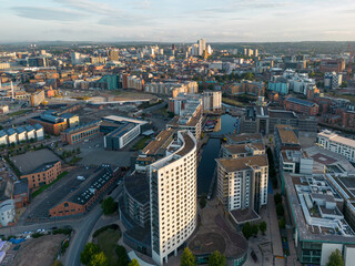 Drone shot showing Leeds dock and the city in the background
