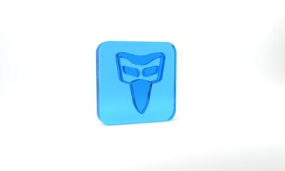 Fototapeta premium Blue Carnival mask icon isolated on grey background. Masquerade party mask. Glass square button. 3d illustration 3D render