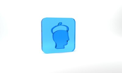 Blue French man icon isolated on grey background. Glass square button. 3d illustration 3D render