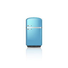 Realistic detailed 3d vintage blue fridge freezer on white background. Retro refrigerator appliance