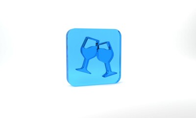 Blue Wine glass icon isolated on grey background. Wineglass sign. Glass square button. 3d illustration 3D render