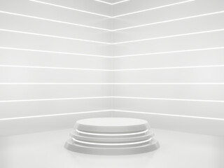 Obraz premium 3D White Sci-Fi product display background. Scientific podium with white neon lights.