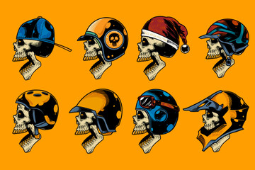 skull head with various helm on and open mouth hand drawn illustration set