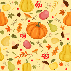Autumn seamless pattern with pumpkins, apples, pears, mushrooms, leaves and berries on a light background. Vector illustration in flat style.
