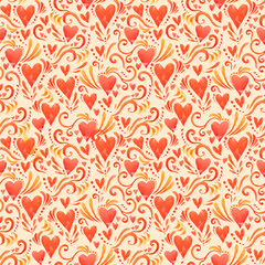 Seamless pattern with red watercolor hearts. Background romantic design.
